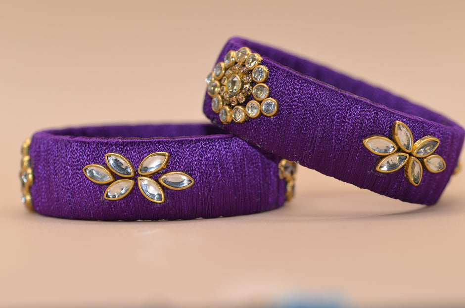 Amivie Velvet Violet Floral Kundan Bangles