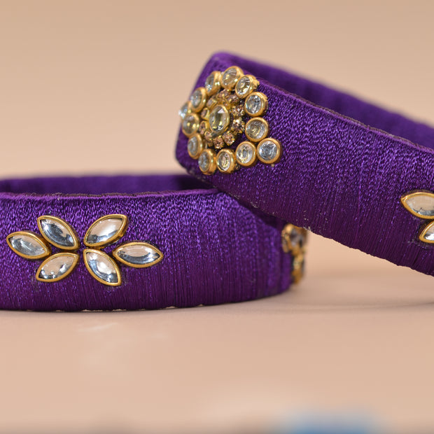 Amivie Velvet Violet Floral Kundan Bangles