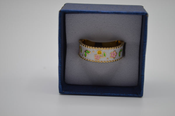 White Blossom Enamel Adjustable Ring