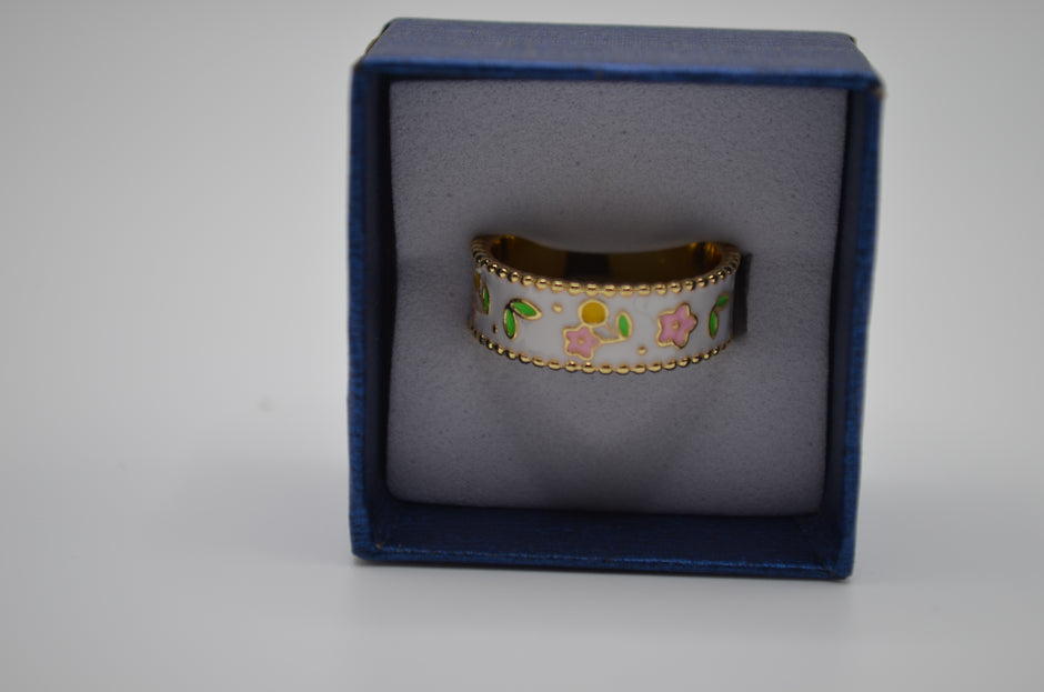 White Blossom Enamel Adjustable Ring