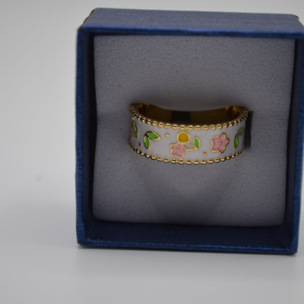White Blossom Enamel Adjustable Ring