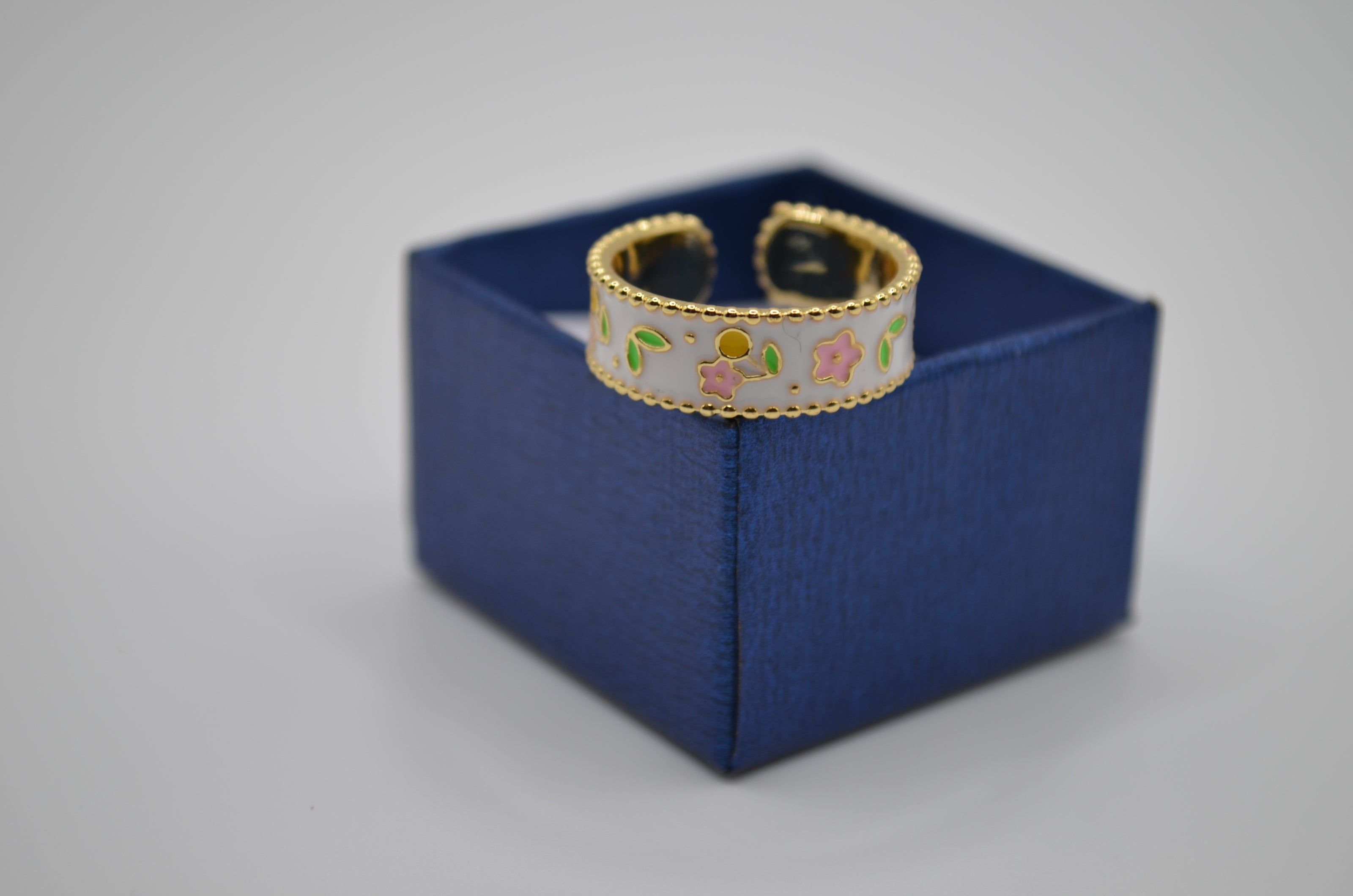 White Blossom Enamel Adjustable Ring