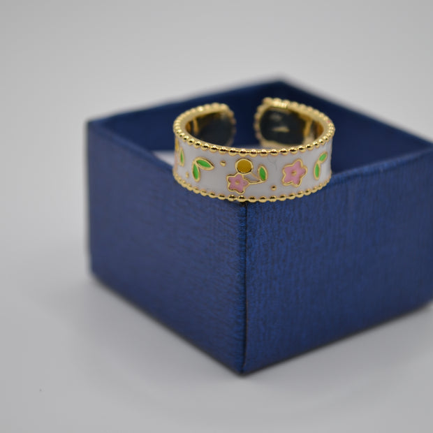 White Blossom Enamel Adjustable Ring