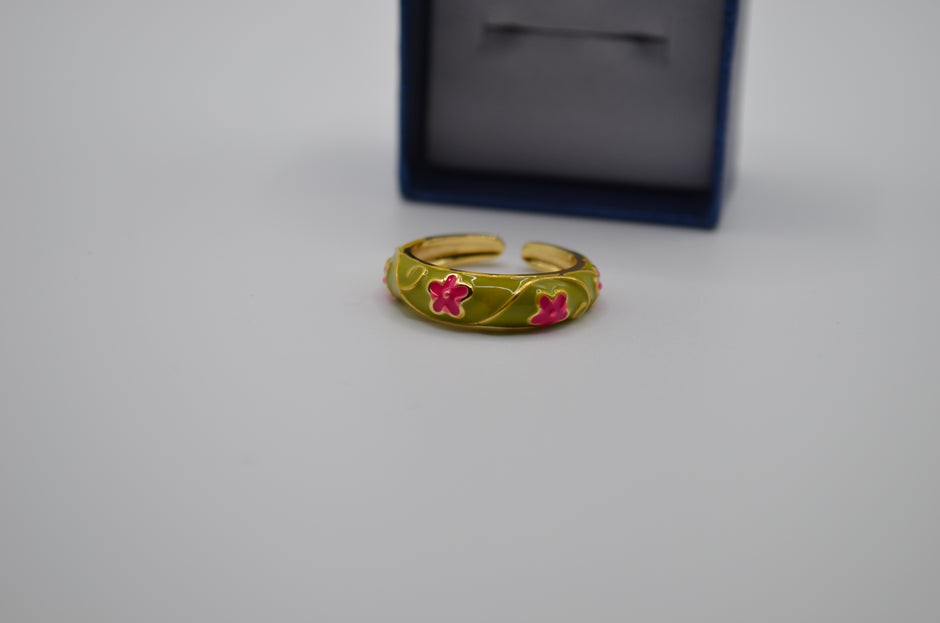 Olive Bloom Enamel Adjustable Ring