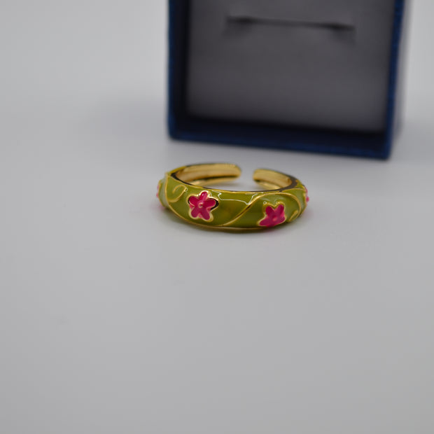 Olive Bloom Enamel Adjustable Ring