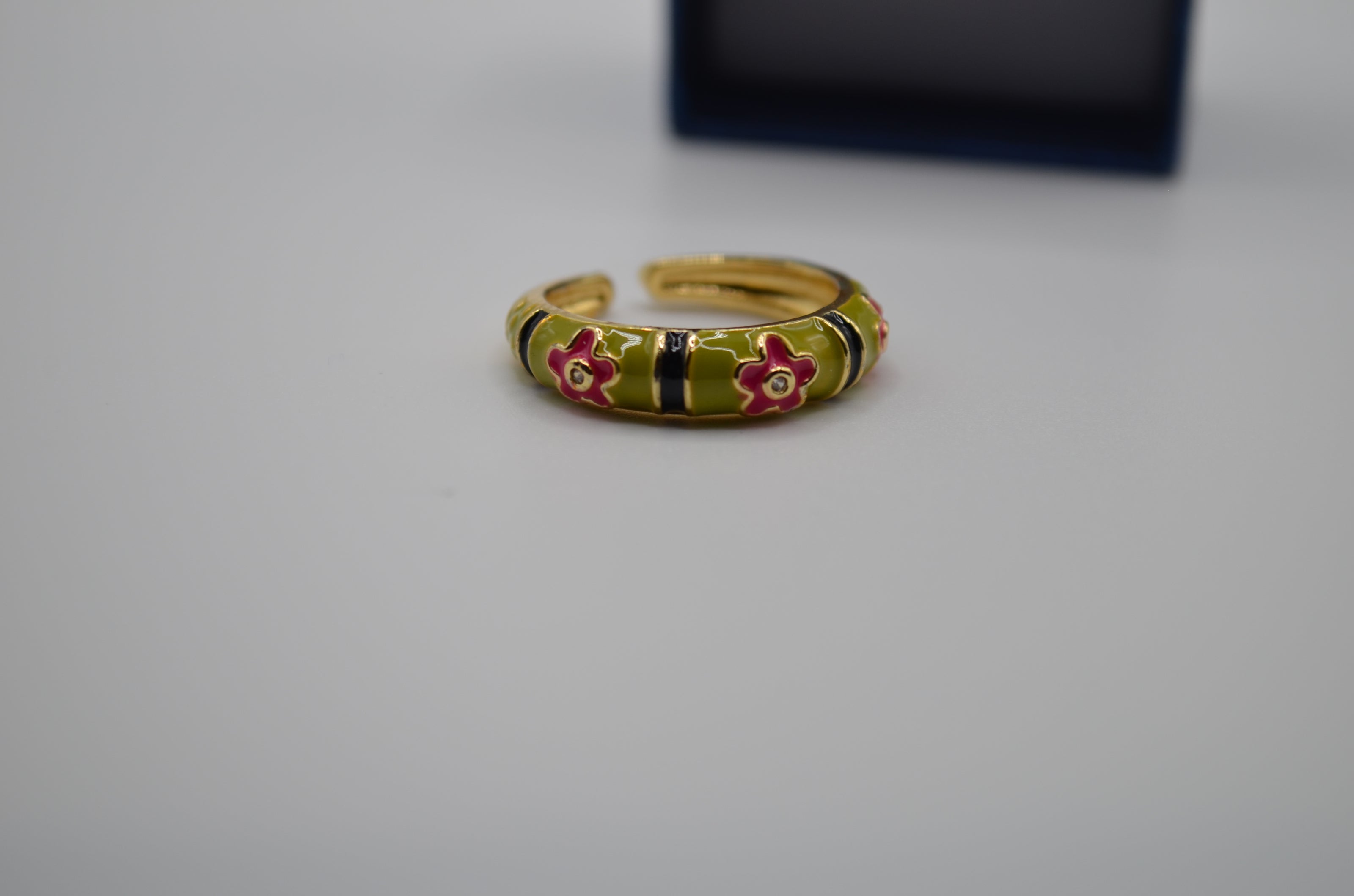Olive Stripe Bloom Enamel Adjustable Ring