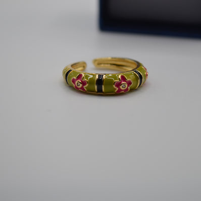 Olive Stripe Bloom Enamel Adjustable Ring
