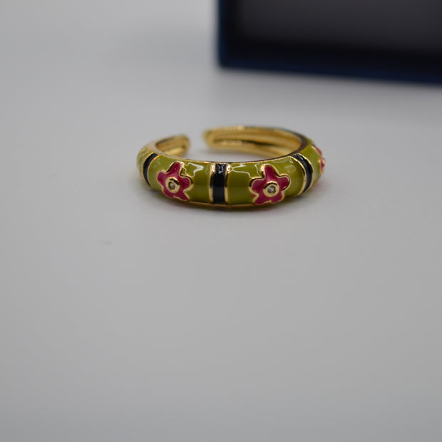 Olive Stripe Bloom Enamel Adjustable Ring