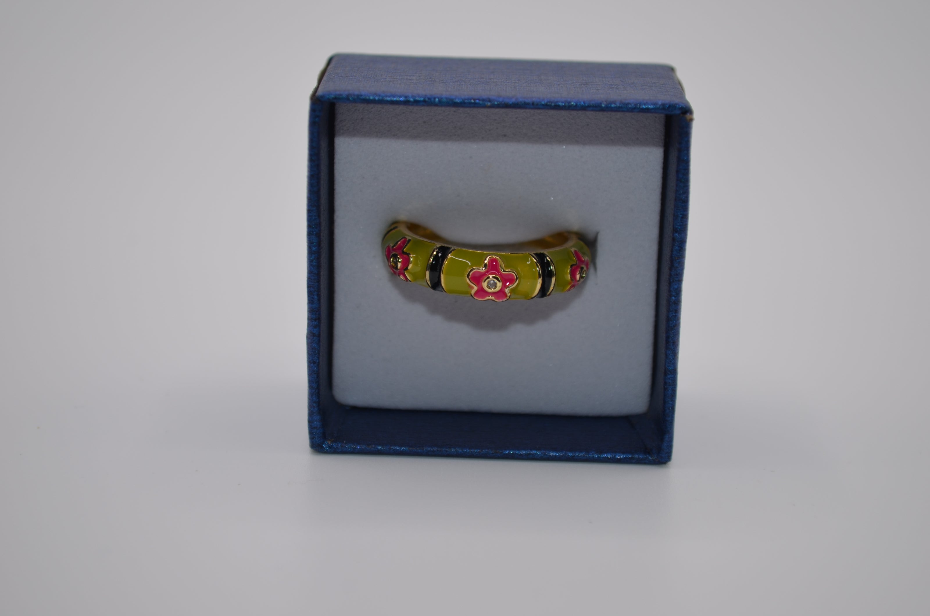Olive Stripe Bloom Enamel Adjustable Ring