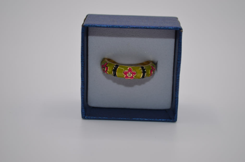 Olive Stripe Bloom Enamel Adjustable Ring