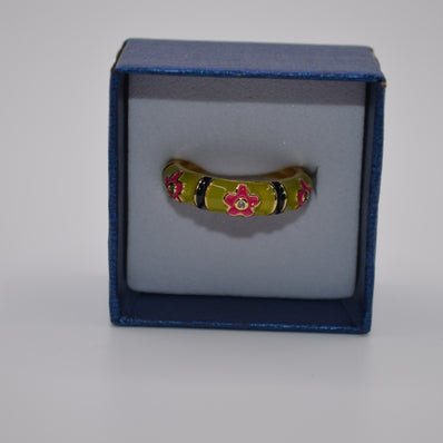 Olive Stripe Bloom Enamel Adjustable Ring
