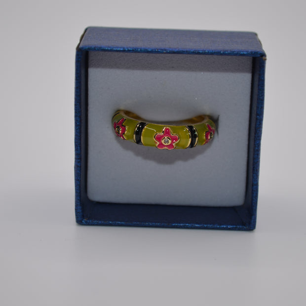 Olive Stripe Bloom Enamel Adjustable Ring