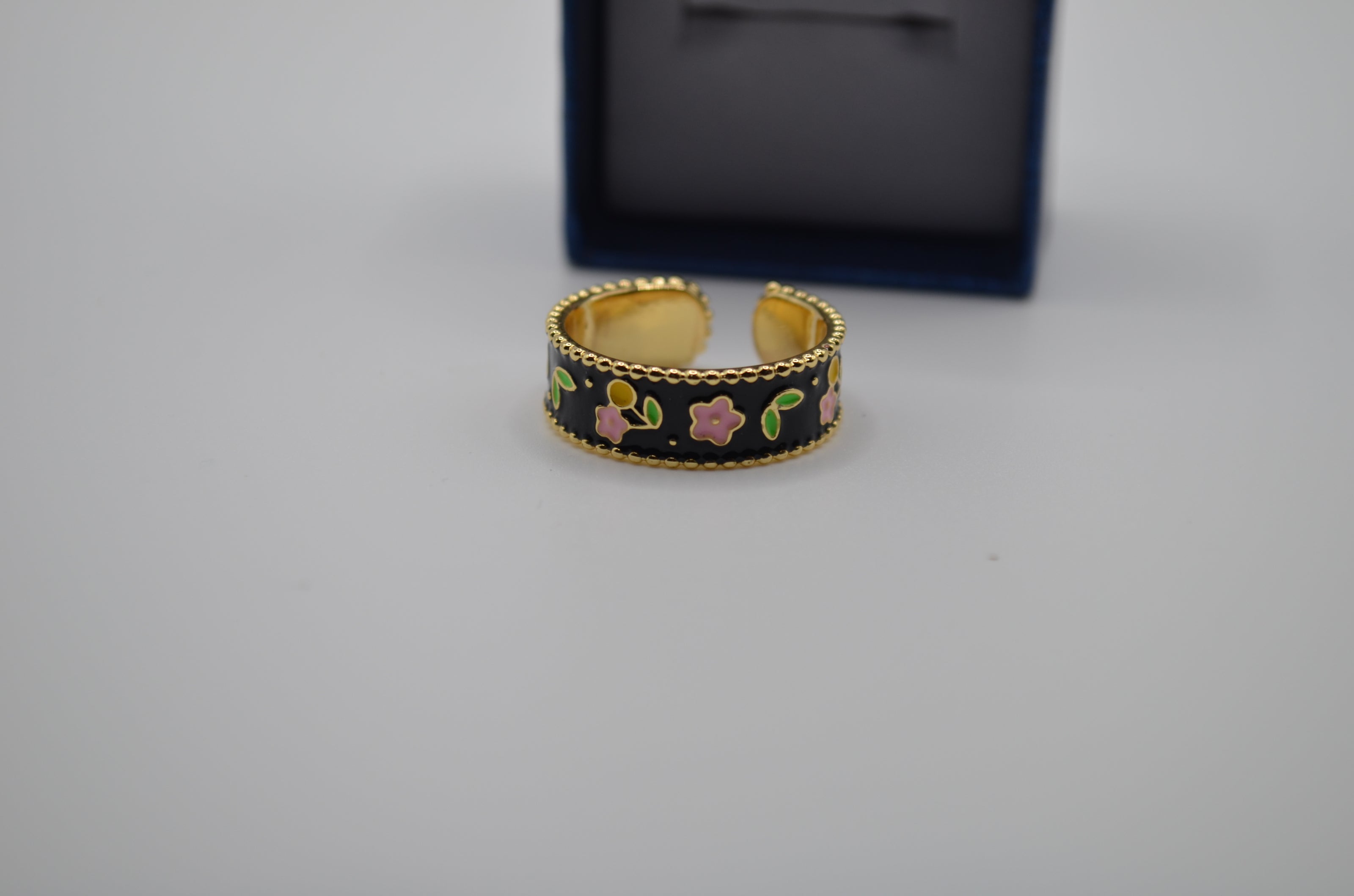 Midnight Blossom Enamel Adjustable Ring