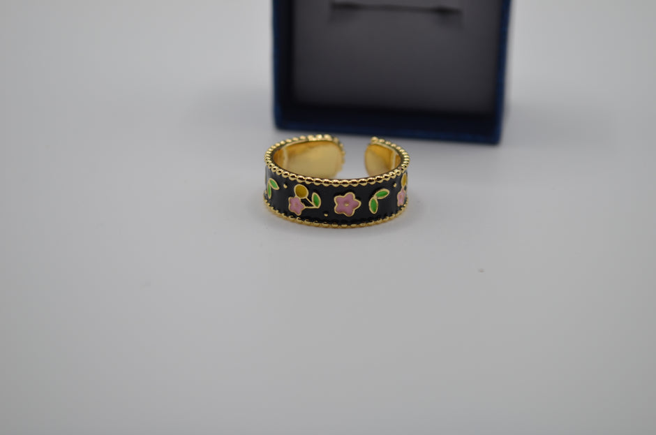 Midnight Blossom Enamel Adjustable Ring