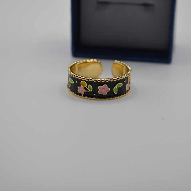 Midnight Blossom Enamel Adjustable Ring