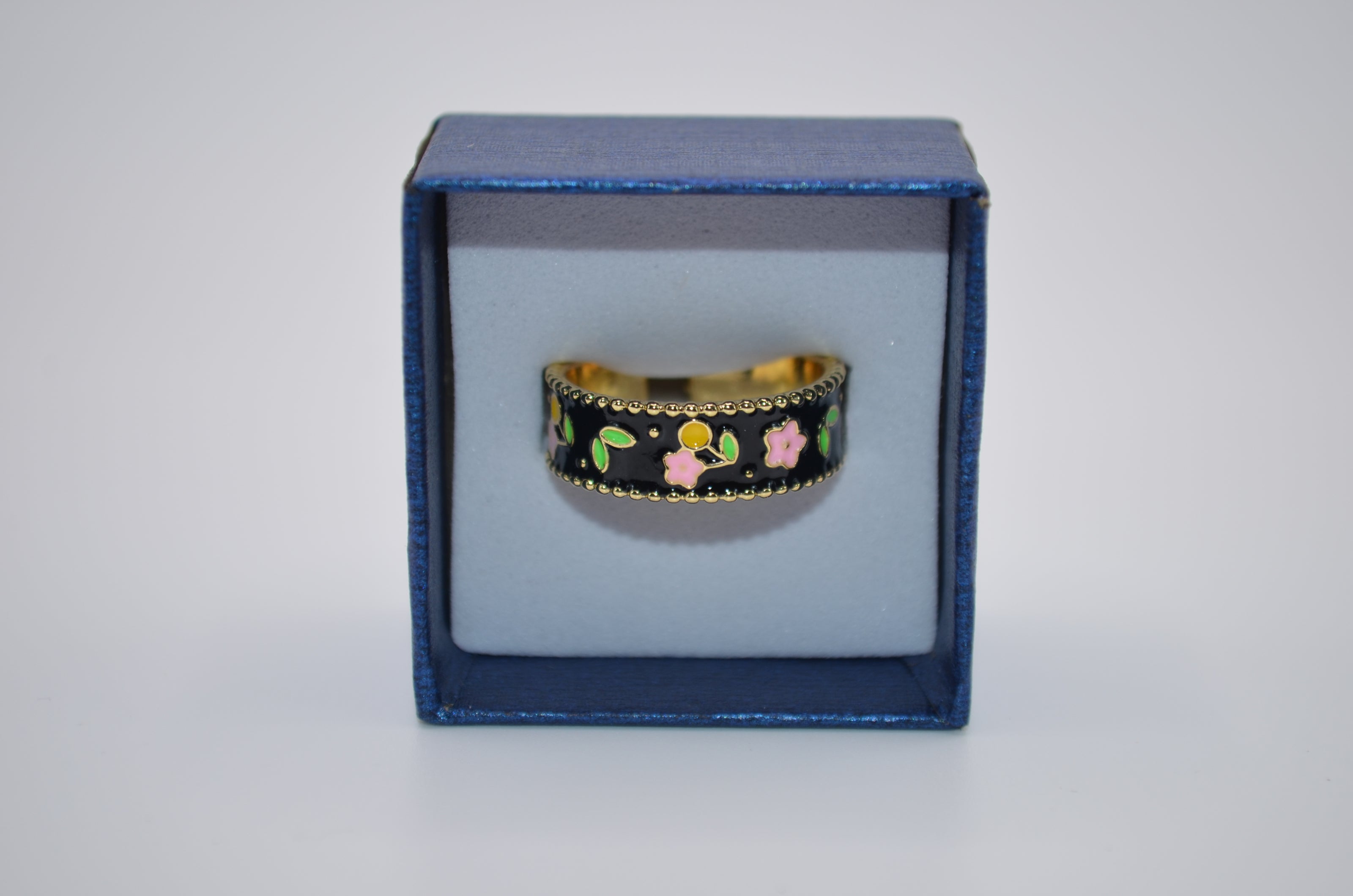 Midnight Blossom Enamel Adjustable Ring
