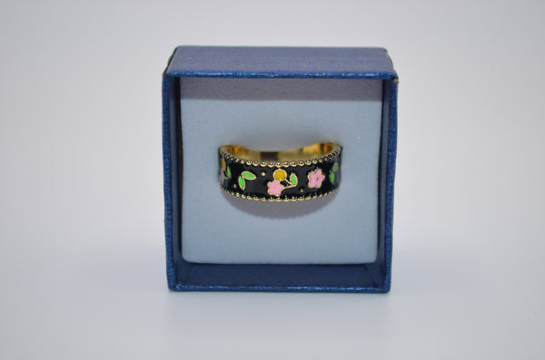Midnight Blossom Enamel Adjustable Ring