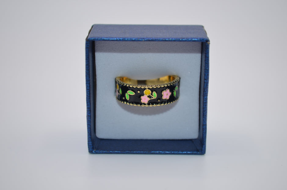 Midnight Blossom Enamel Adjustable Ring