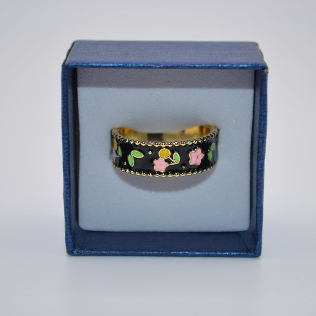 Midnight Blossom Enamel Adjustable Ring