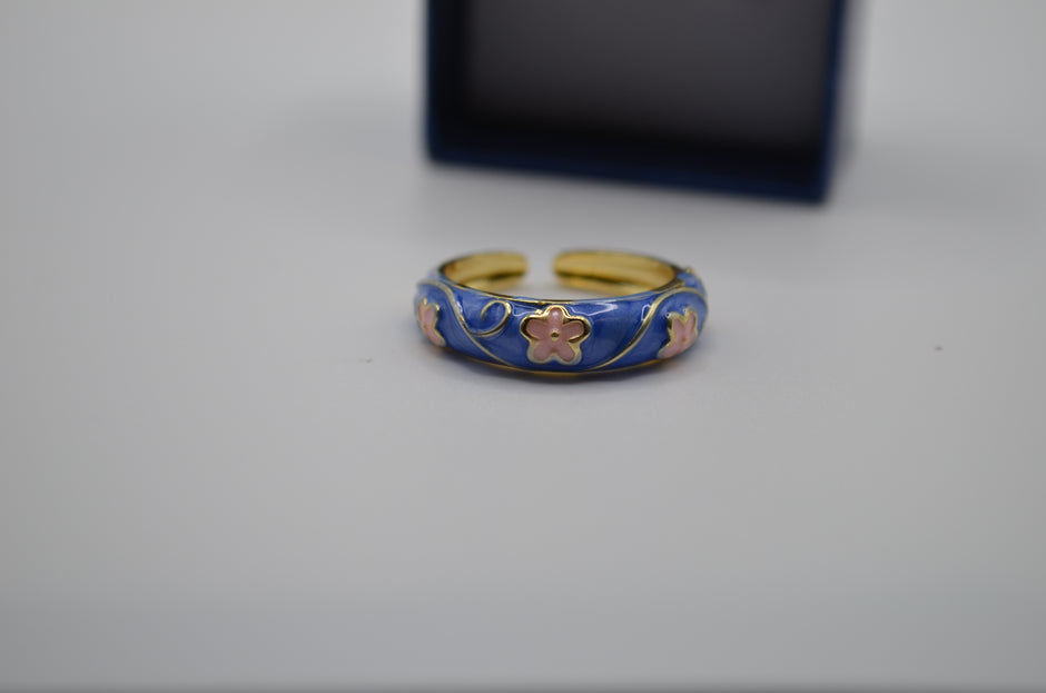 Blue Blossom Enamel Adjustable Ring