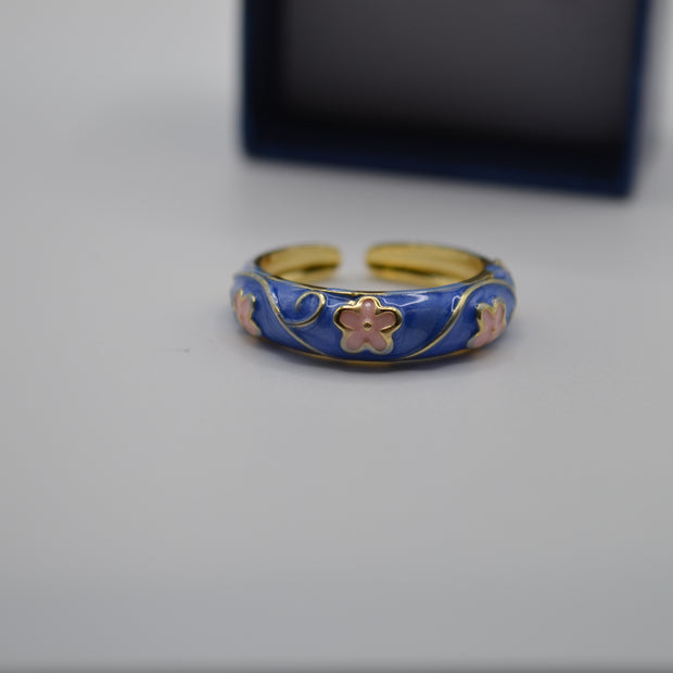 Blue Blossom Enamel Adjustable Ring