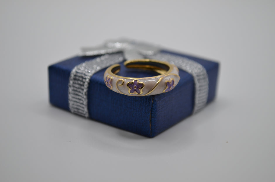 Pearl Lavender Blossom Enamel Adjustable Ring