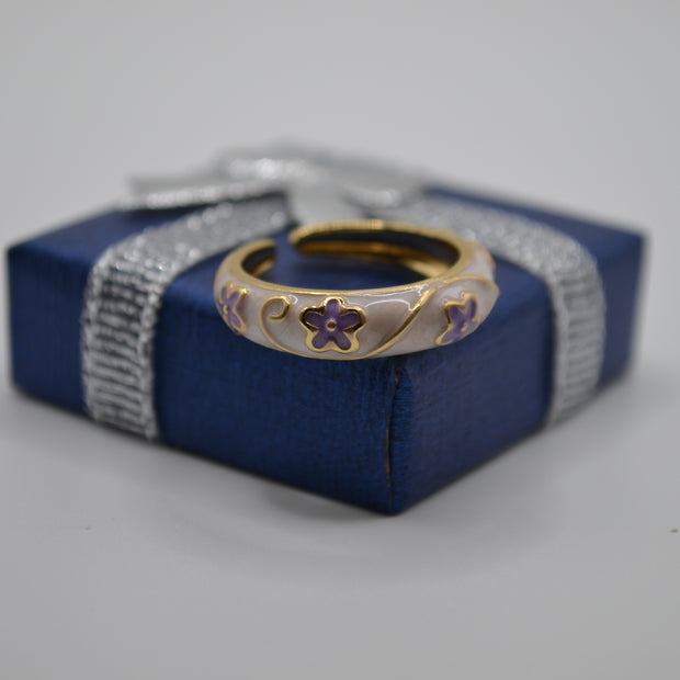 Pearl Lavender Blossom Enamel Adjustable Ring