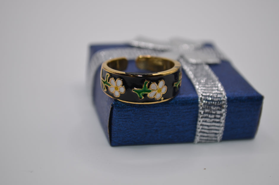 Midnight Daisy Enamel Adjustable Ring