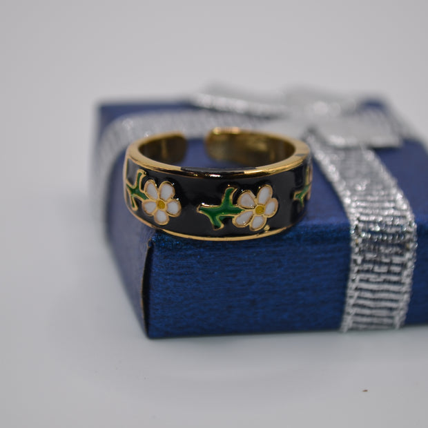 Midnight Daisy Enamel Adjustable Ring