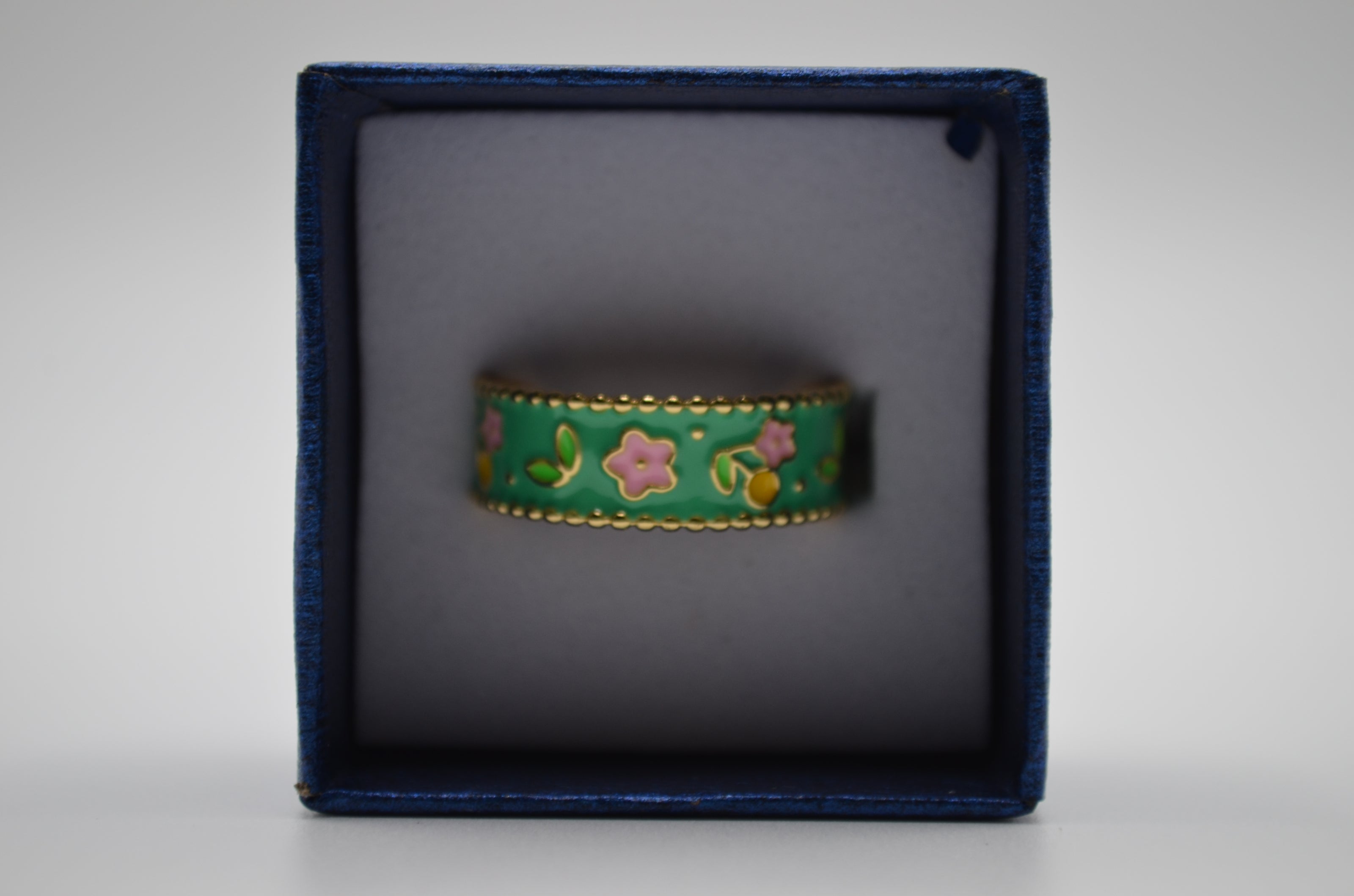 Green Blossom Enamel Adjustable Ring