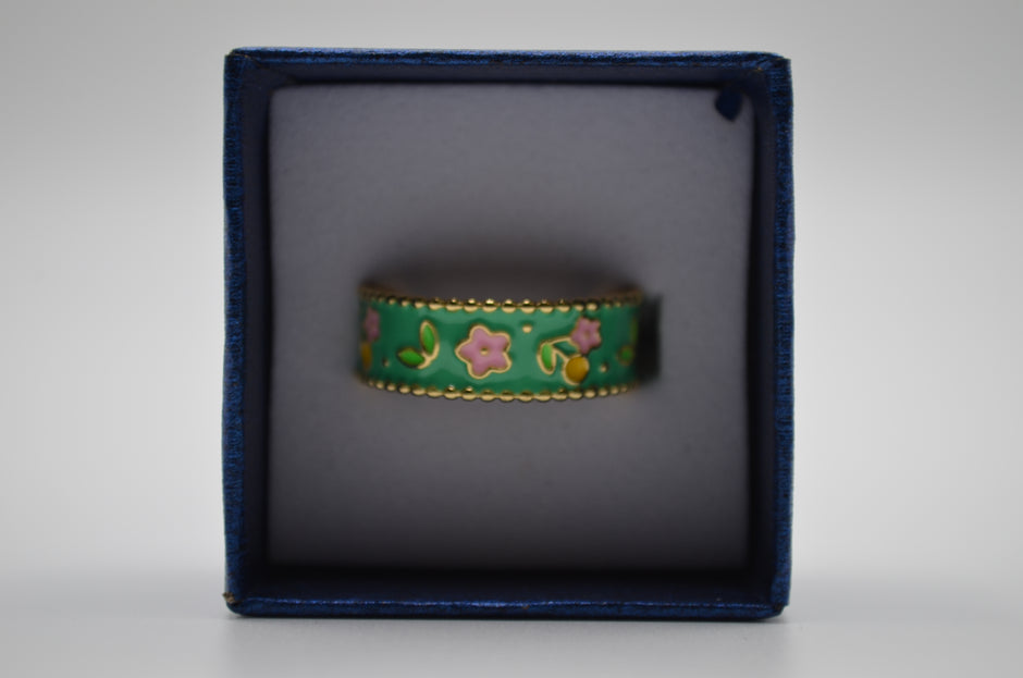 Green Blossom Enamel Adjustable Ring