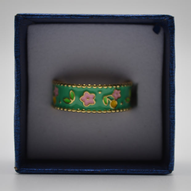Green Blossom Enamel Adjustable Ring