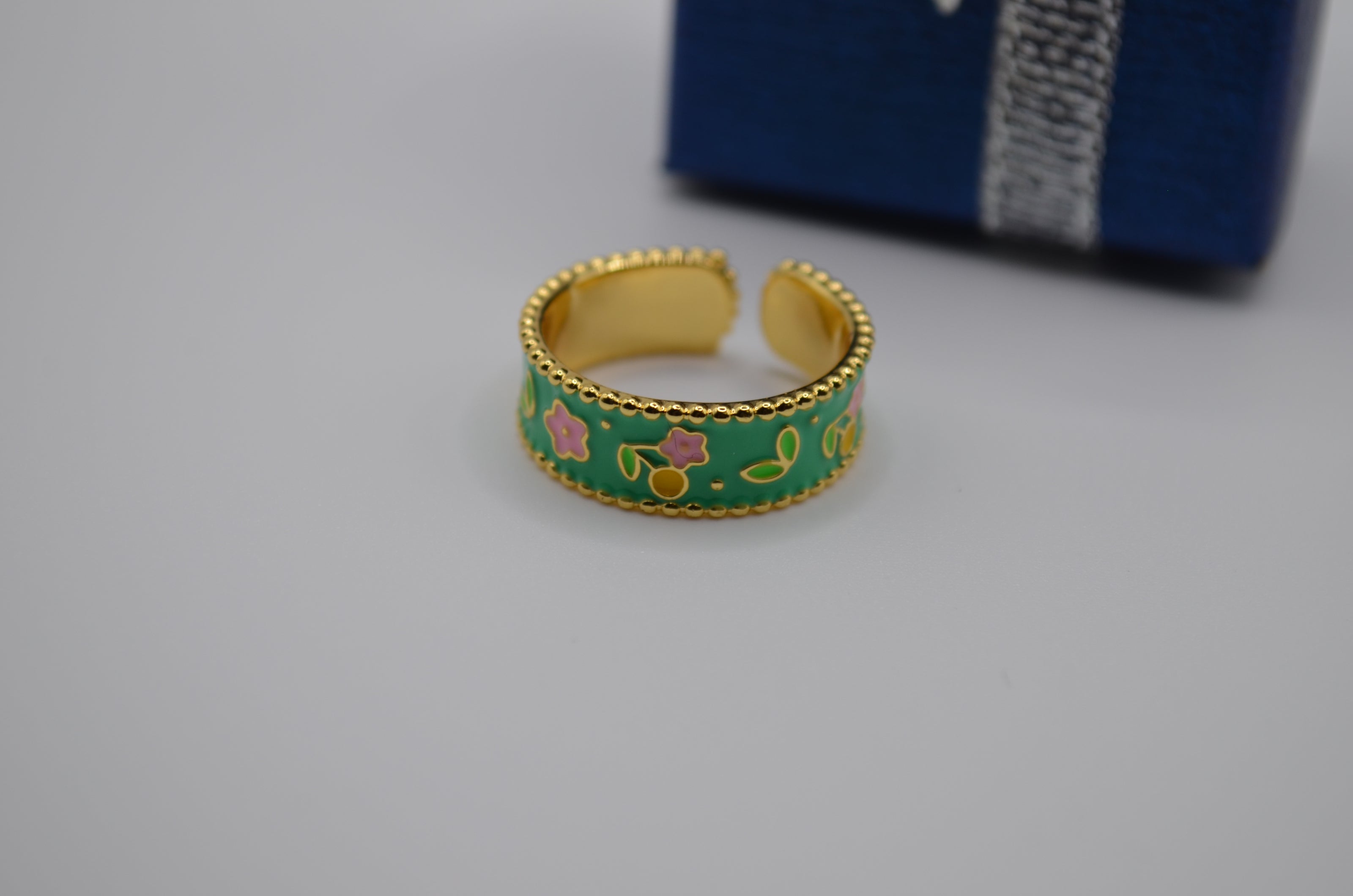 Green Blossom Enamel Adjustable Ring