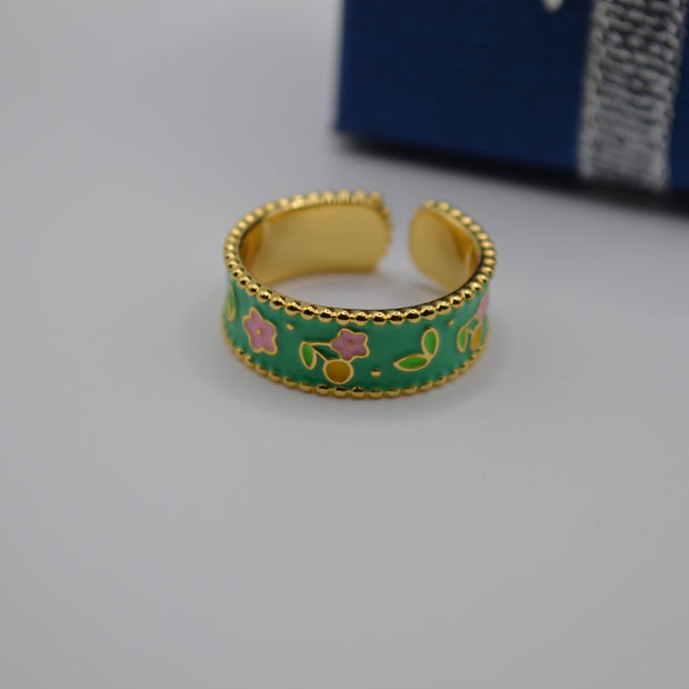Green Blossom Enamel Adjustable Ring