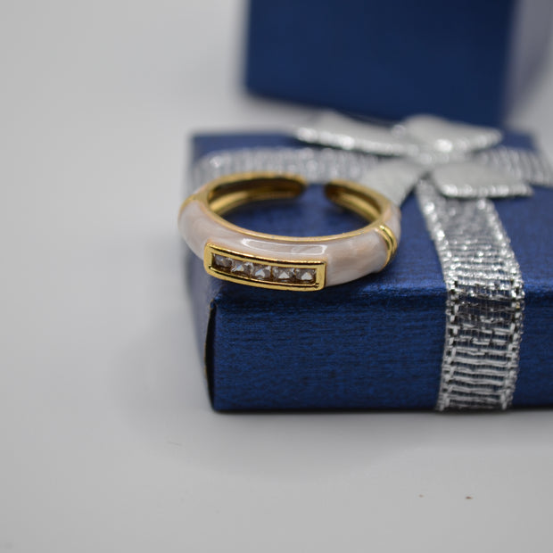Pearl Glow Crystal Bar Enamel Ring