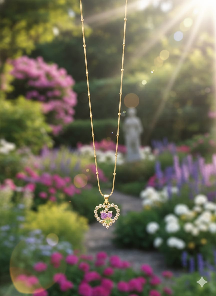 Enchanted Bloom Heart Pendant – 18K Gold Plated Chain