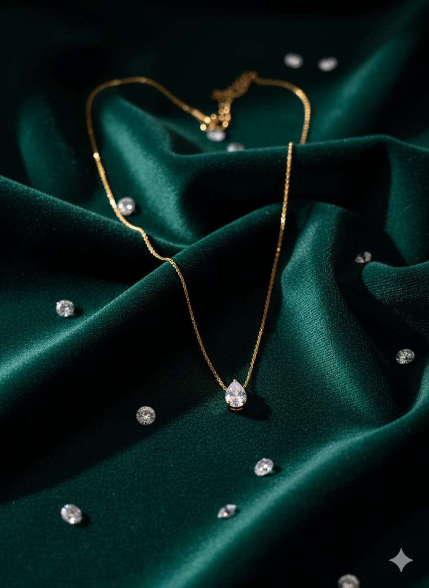 Crystal Dewdrop Solitaire Pendant – 18K Gold Plated Chain